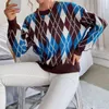 Women's Sweaters Fashion Geometric Blue Knitted Sweater Women O Neck Casual Argyle Lady Pullover Female Autumn Winter Retro Jumper