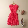 2023 Spring Red Solid Color Belted Dress Sleeveless Round Neck Ruffled Kne-Length Casual Dresses S3F281229 Plus Size XXL