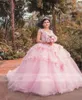 Söt rosa prinsessan Quinceanera 2023 Pärlor Kristaller Applique Askepott Sweet 16 Dress Vestidos de 15 Anos Lace-Up 322