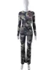 Pantalon deux pièces femme Sisterlinda Camouflage maille ensembles femmes 2023 été manches longues haut court jambe large correspondant tenues Streetwear