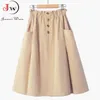 Skirts Women Summer Skirt Spring Korean Style Casual Solid High Waist A-Line Midi Skirts With Pocket Girls Elegant Faldas 230301