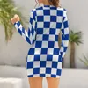 Casual Dresses Blue and White Checkerboard Dress Long Sleeve Vintage Checker Tryck estetisk sommar Sexig bodycon kvinnlig mönster o