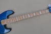 4-saitige E-Bassgitarre mit blauem Korpus und geflammtem Ahornfurnier. Kann individuell angepasst werden