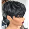 Human Hair Short Wigs Pixie Cut Wigs with Bangs Short Black Layered Wavy Wigs for Women 1B Color 150%density length as pic