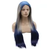 Parrucche Parrucca lunga grigio blu Ombre Parrucca diritta serica, resistente al calore, in pizzo sintetico, anteriore in pizzo bicolore