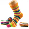 Women Socks Toe Colorful Striped Five Finger Rainbow Cotton Wicking Breathable Athletic Crew Fit EU 36-40