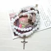 Strand Crucifix Jesus Cross Pendant Bracelet White Rosary Beads Chain For Women Men Catholic Blessing Paryer Jewelry Gift
