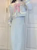 Abiti da lavoro Xgoth Set due pezzi / singolo Cappotto maglione con fiocco rosa carino dolce Abito gonna lunga blu a vita alta sottile Donna Kawaii Streetwear