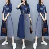 Casual Dresses Spring Autumn Denim Dress Women Vintage Striped Jeans High Street Fashion Long Shirt Robe Femme