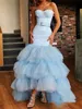 Moderne zeemeermin prom -jurken Tiered Tule Train Lace Applique Sweetheart Mouwloze lange formele avondjurken vrouwen licht hemelblauw beroemde feestjurk 2023