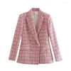 Costumes pour femmes rose Tweed Blazer femmes 2023 Vintage col cranté à manches longues poches mode veste Plaid décontracté bureau rue vêtements