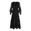 Casual Dresses 2023 Autumn Sexy V-neck Embroidery Long-sleeved High Waist Cascading Ruffles Cake Long Dress Women