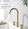 Wire drawing gold separate faucet Hot and cold separate basin faucet three holes bathroom counter pure copper vegetable basin faucet wholesale