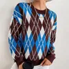 Women's Sweaters Fashion Geometric Blue Knitted Sweater Women O Neck Casual Argyle Lady Pullover Female Autumn Winter Retro Jumper