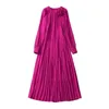 2023 Spring Purple Solid Color Panelled Dress Long Sleeve Round Neck Pleated Midi Casual Dresses S3F280104 Plus Size XXL