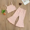 Ensembles de vêtements 2 pièces tenues florales pour tout-petits bébé fille sans manches bretelles spaghetti col en forme de U débardeur pantalon évasé (rose)