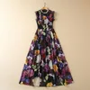 2023 Spring Black Floral Print Beaded Chiffon Dress Sleeveless Round Neck Rhinestone Midi Casual Dresses S3F280224 Plus Size XXL