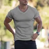 Herr t shirts gym t-shirt män v hals kort ärm ribbed skjorta sport smal fit tee manlig fitness bodybuilding träning sommarkläder