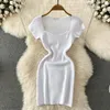 Casual Kleider Vintage Frauen Sommer Kleid Koreanische Stil Sexy Quadrat Kragen Kurzarm Slim Fit Stricken Elegante Einfache Weibliche Mini