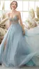 Party Dresses Light Blue Elegant Prom Dress V-Neck Spaghetti Strap Sequins Appliques Split Tulle A-Line Women Long Evening Homecoming Gowns