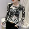 Dames t shirts 2023 herfst dames kleding mode casual prent met lange mouwen elastische mesh t-shirt m-3xl plus size blusas tops