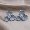 Studörhängen Korea Design Fashion Jewelry Blue Emamel Oil Drop Flower Zircon Elegant Women's Daily Work Accessories