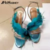 Eleganta höga klackar sandaler för damer strass fjäder strappy balett klänningskor struts päls äkta läder sandal230301