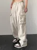 여자 바지 Capris Qweek Harajuku 베이지 색화물 바지 여성 스트리트웨어 힙합 포켓 검은 대형 넓은 다리 바지 한국 패션 히피 하부 230301