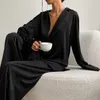 Women's Sleepwear Hiloc Oversized Satin Silk Sleepwear Low Cut Sexy Pajamas For Women Single-Breasted Long Sleeves Wide Leg Pants Trouser Suits 230301