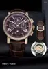 Armbandsur Mens Mechanical Watch Rose Gold Automatisk Dual Time Blue Leather Diamond