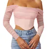 Women's T Shirts Solid Sexy Bustier Corset Top Off Shoulder Mesh Sleeve White Strapless Female T-shirts Tops Cropped Women Clothes