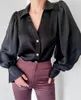 Women's Blouses Satin Blouse Women 2023 Spring Fashion Turn-down Collar Lantern Long Sleeve Black Loose Top Office Lady Elegant Button Up
