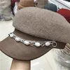 BERETS 202311-2508677 Drop Winter Warm Pearl Chain Wool Blended Patchwork Pu Brim Fashion Lady Octonal Hat Women Visirs Cap