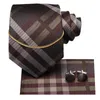 Bow Ties Hi-Tie Brown Plaid Business Mens Tie Silk Luxury Nickties Fashion Chain Hanky ​​Cufflinks Set Design Gift For Men Wedding