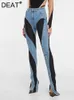 Women's Jeans DEAT Fashion Slim Deconstruct Panelled Patchwork High Waist Split Blue Long Denim Pants Autumn 2023 1DF2575 230228