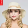 Chapéus largos da borda Lady Summer Summer grande Curling Brimmed Beige Bowknot Straw Chap