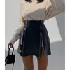 Röcke Vintage Khaki Lederrock Frauen Mode Doppelreißverschluss Hohe Taille Schwarz Mini Frau Sexy Bodycon Bleistift Club Wear
