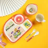 Skålar 5st/set Animal Zoo Baby Plate Cartoon Bow Cup Forks Codernar Feeding Set Bamboo Fiber Children Tablewoy