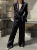 Pantaloni da donna a due pezzi Clacive Balck Casual Satin Set da donna Blazer a maniche lunghe autunnali con gamba larga Eleganti pantaloni con lacci 2 230228