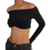 Zomer vrouwen blouses pure mesh crop tops rekbare lange mouw sexy off schouder shirts kort