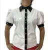 Women's Blouses Women Fashion Short Puff Sleeve Shiny PVC Shirt Vintage Slim Fit Turn-down Collar Blouse Chic Button Down Glossy Leather