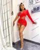Festklänningar sexig kort röd aso ebi stil långa ärmar en axel ren se genom kvinnor sydafrika mini längd prom klänningar