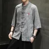 Männer Casual Hemden Gestickte Chinesische Schriftzeichen Kleidung Halbe Hülse Hemd Männer Sommer Qualität Baumwolle Leinen Mode Camisa MasculinaHerren S