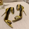 Metal button jewelry ankle strap sandals high-heeled square high-heeled women's shoes party evening shoes open-toed calf leather soft luxury designer with 10.5cm