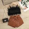 Çocuk Kızlar Yaz Giysileri Setleri Bebek Kolsuz Peluş Peluş Sling Tank Tops PU Deri Kısa Pantolon Kemer Kıyafetleri