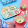 Bowls 5pcs/set Animal Zoo Baby Plate Cartoon Bow Cup Forks Dinnerware Feeding Set Bamboo Fiber Children Tableware