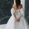 New High Side Split Wedding Dress V-Neck Puffy Sleeve Brides Gown Lace Appliques 3D Flowers Princess 2023 Vestidos De Noiva