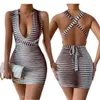 Casual jurken 2023 Summer mode streetwear Backless Halter V nek mouwloze mini bodycon bandage streepjurk