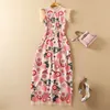 Spring Summer Sleeveless Round Neck Dress Pink Floral Print Tulle Embroidery Panelled Long Maxi Elegant Casual Dresses 21O301027