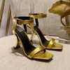 Metal button jewelry ankle strap sandals high-heeled square high-heeled women's shoes party evening shoes open-toed calf leather soft luxury designer with 10.5cm